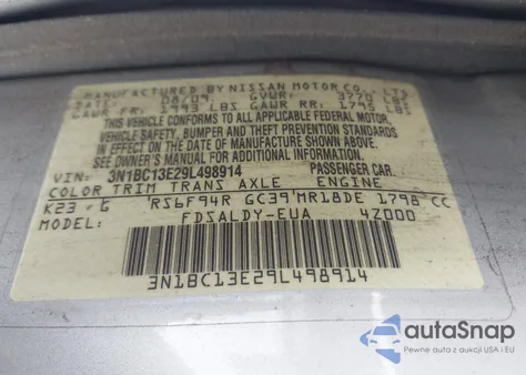 2009 Nissan Versa 1.8S z USA, uszkodzony, nr VIN 3N1BC13E29L498914